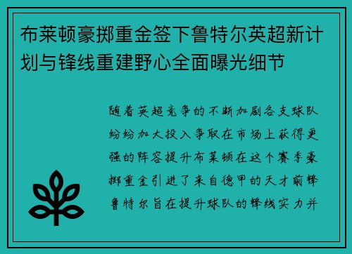 布莱顿豪掷重金签下鲁特尔英超新计划与锋线重建野心全面曝光细节
