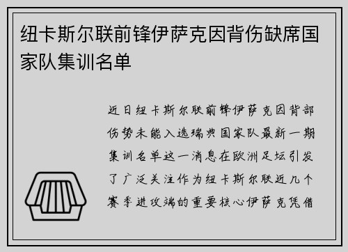纽卡斯尔联前锋伊萨克因背伤缺席国家队集训名单